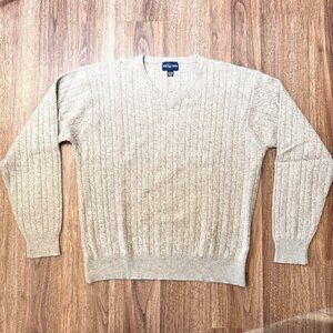 Alan Flusser Mens 100% Cashmere Cable Knit V-Neck‎ Sweater Large Heathered Gray